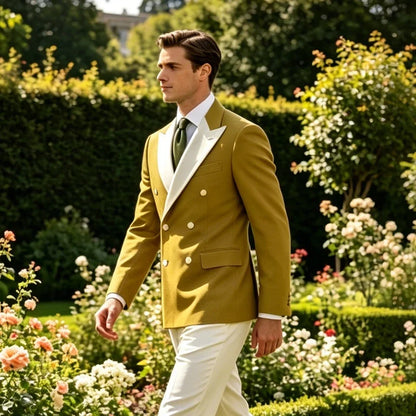 Classic Men's Tuxedo Jacket White Peak Lapel Patched Double Breasted Slim Fit Blazer for Business Formal Wedding Groom Prom Coat