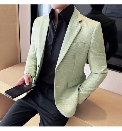 Bright Silk Thousand Bird Grid Suit Jacket Korean-style Business Fashion Slim Fit Single Breasted Men Social Party Dress Coats