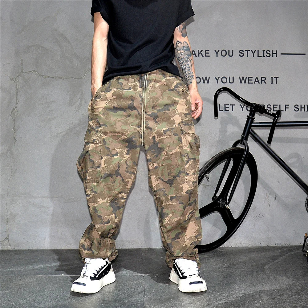 Heavy weight Tactical Cargo Pants For Men Vintage Camo Multi-Pocket Loose Fit Straight Leg Outdoor Streetwear Casual Trousers