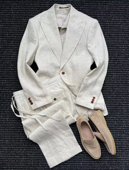 British Style Mens Linen Thin Suit Sets Slim Single Breasted Retro Blazers Pant Outfits Spring Summer Male Coat Two-Piece Set