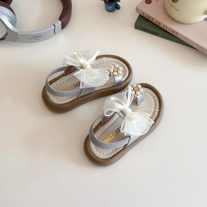 Summer Girl's Sandals Clip-toe Bowknot Elastic Band Soft Sole Kids Sliders Beautiful Pu Leather Chunky Morden Children Shoes