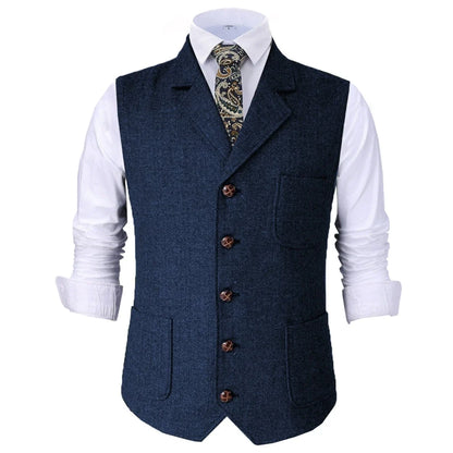 Men Vest Brown Herringbone With Lapel Waistcoat For Wedding Groom Banquet Business Casual Work Men Suit Vest