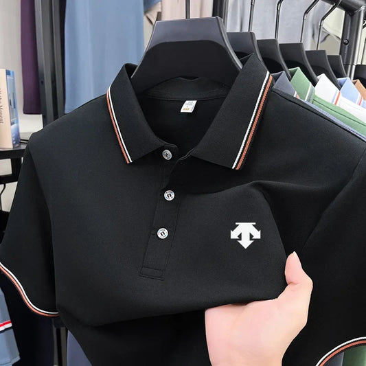Men's Summer Solid Color Cool Breathable Luxury Polo Shirt Business Casual Collar T-shirt Short Sleeve Top