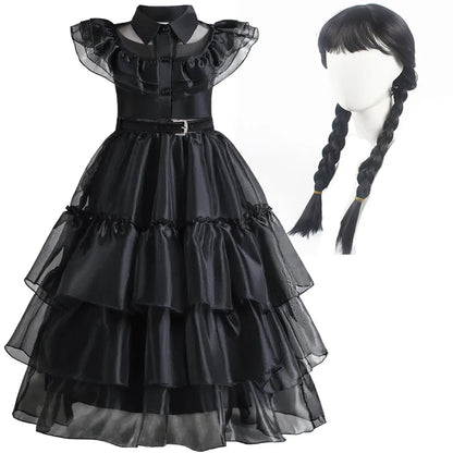 2026 Halloween Festival Popular Black Dress Girls Cosplay Short Sleeve Ruffles Clothing With Belt + Accessories Set Gift