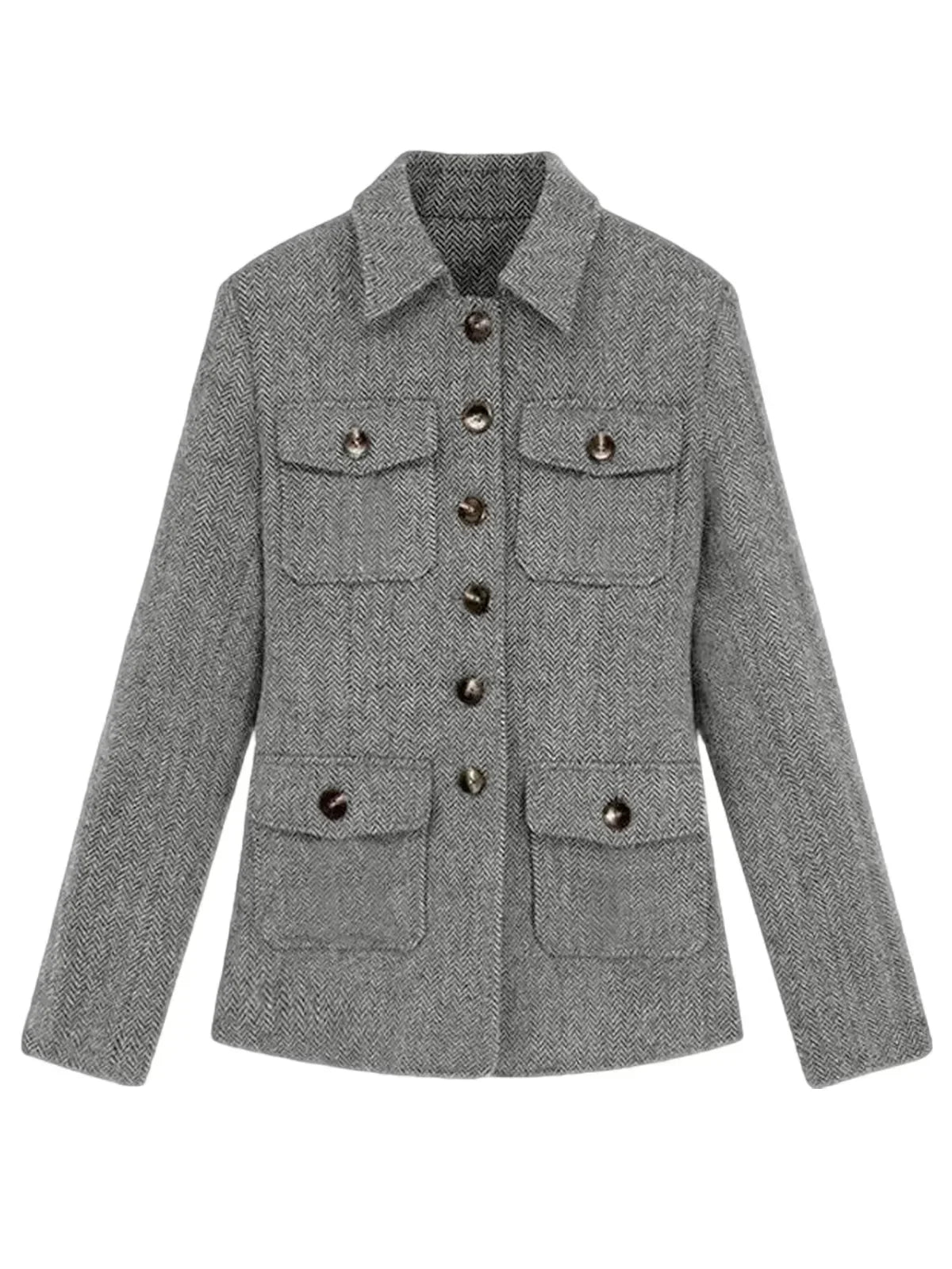 Men's Herringbone Wool Blend Blazer Jacket Notch Collar Utility Multi-Pocket Casual Overcoat For Spring Autumn