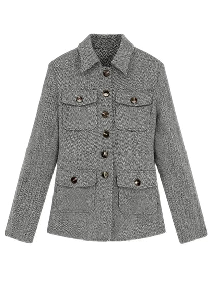 Men's Herringbone Wool Blend Blazer Jacket Notch Collar Utility Multi-Pocket Casual Overcoat For Spring Autumn