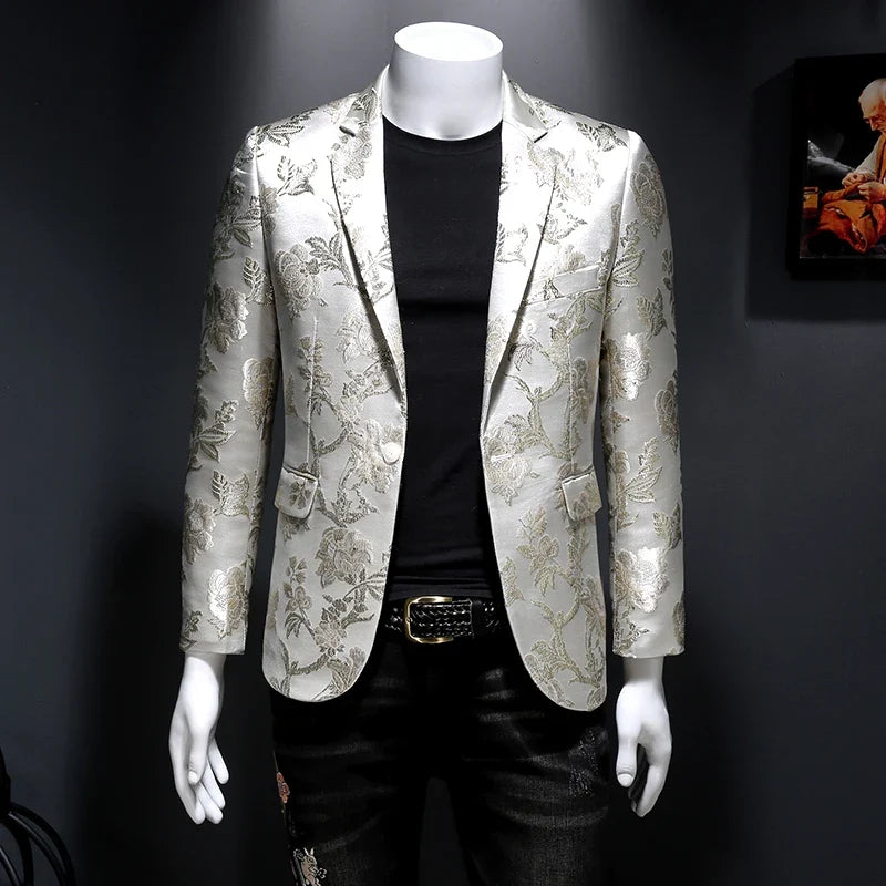 New Vintage Luxurious Jacquard Floral Suit Jacket Men Wedding Banquet Club Party Dress Singers Tuxedo Slim Fit Blazers Hommes