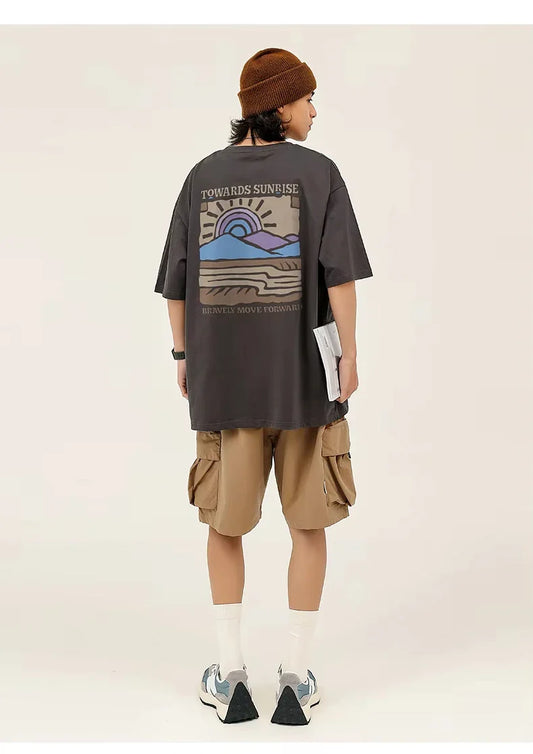 American Retro Pattern Printed Short-sleeved Crew Neck Cotton T-shirt Unisex Top Casual Loose Fashion Streetwear Top