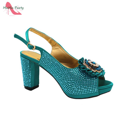 African Mature Women Shoes and Bag to Match in Teal Color Comfortable Heels with Platform for Garden Party