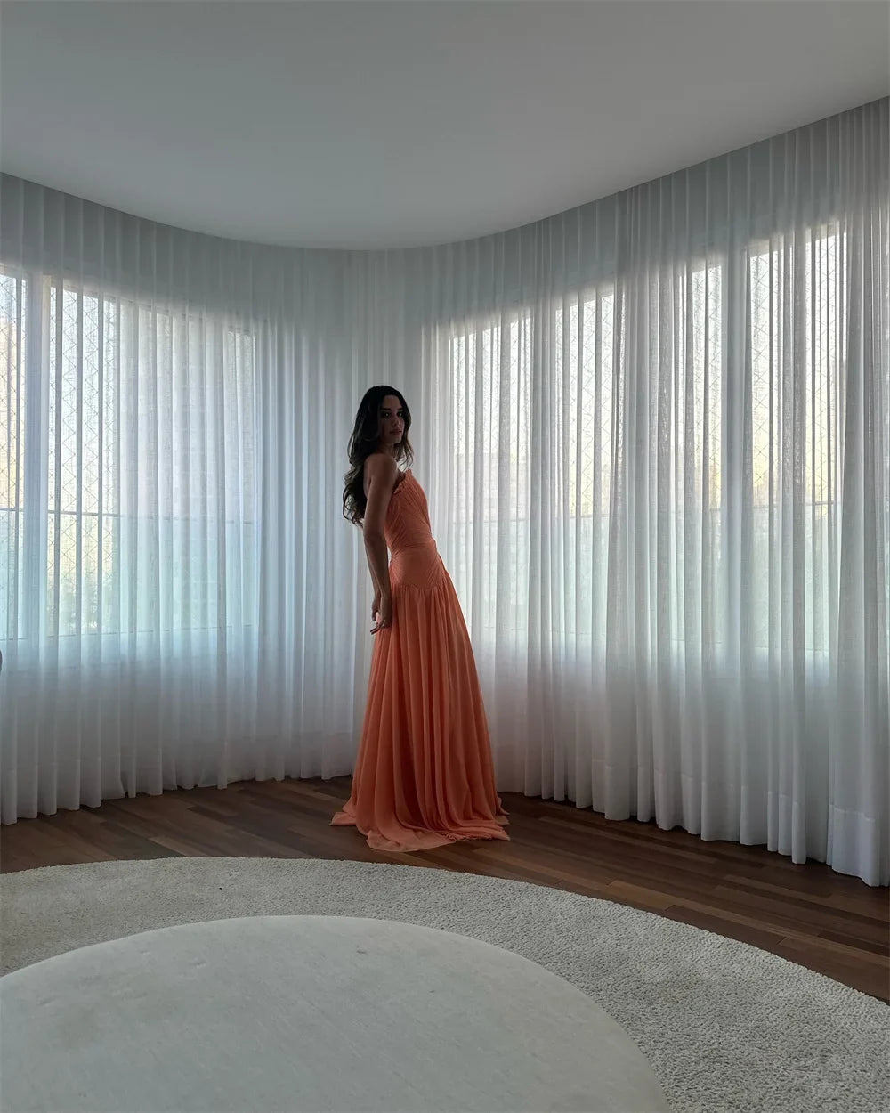 Customized Orange A-Line Strapless robes de soirée Sleeveless Chiffon Chic Party Dresses Floor-Length Zip Prom Dress 2026