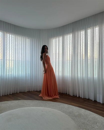 Customized Orange A-Line Strapless robes de soirée Sleeveless Chiffon Chic Party Dresses Floor-Length Zip Prom Dress 2026