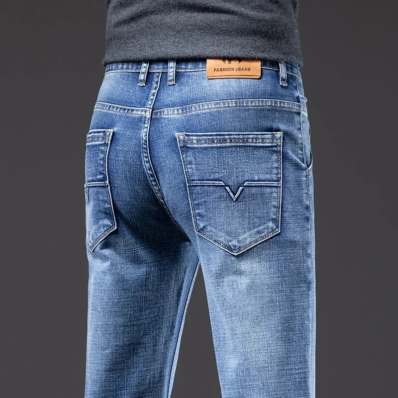 New Men's Slim Straight Elastic Jeans Fashion Business Casual Comfortable Soft Denim Trousers High Quality Mens Designer Clothes