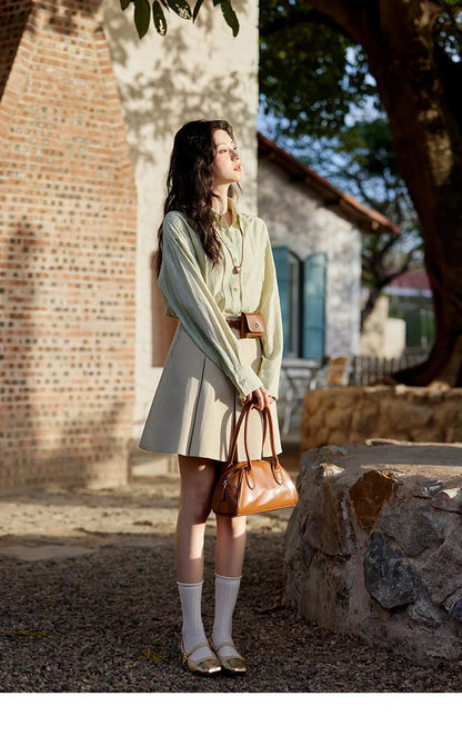 Solid Loose Fit Shirt for Women Spring 2025 Dropped Shoulder Long Sleeved  Top Casual Turn-down Collar Shirts MXE13C0405