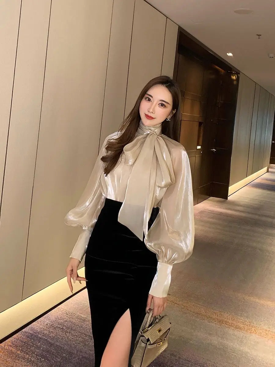 Spring Autumn Women Fashion Tops New Shirts Lantern Sleeve Stand Collar Solid Casual Vintage Elegant Temperament Long-Sleeved
