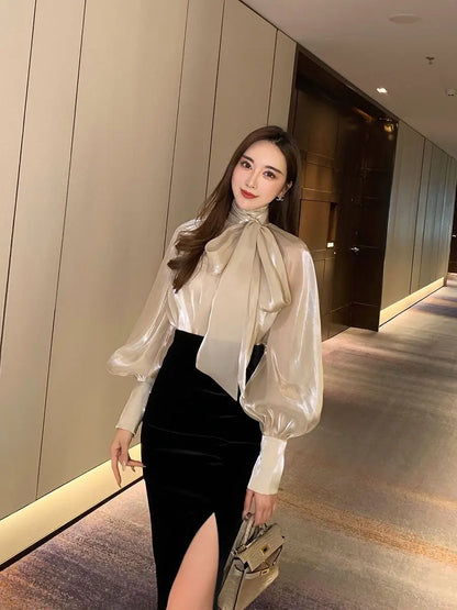 Spring Autumn Women Fashion Tops New Shirts Lantern Sleeve Stand Collar Solid Casual Vintage Elegant Temperament Long-Sleeved