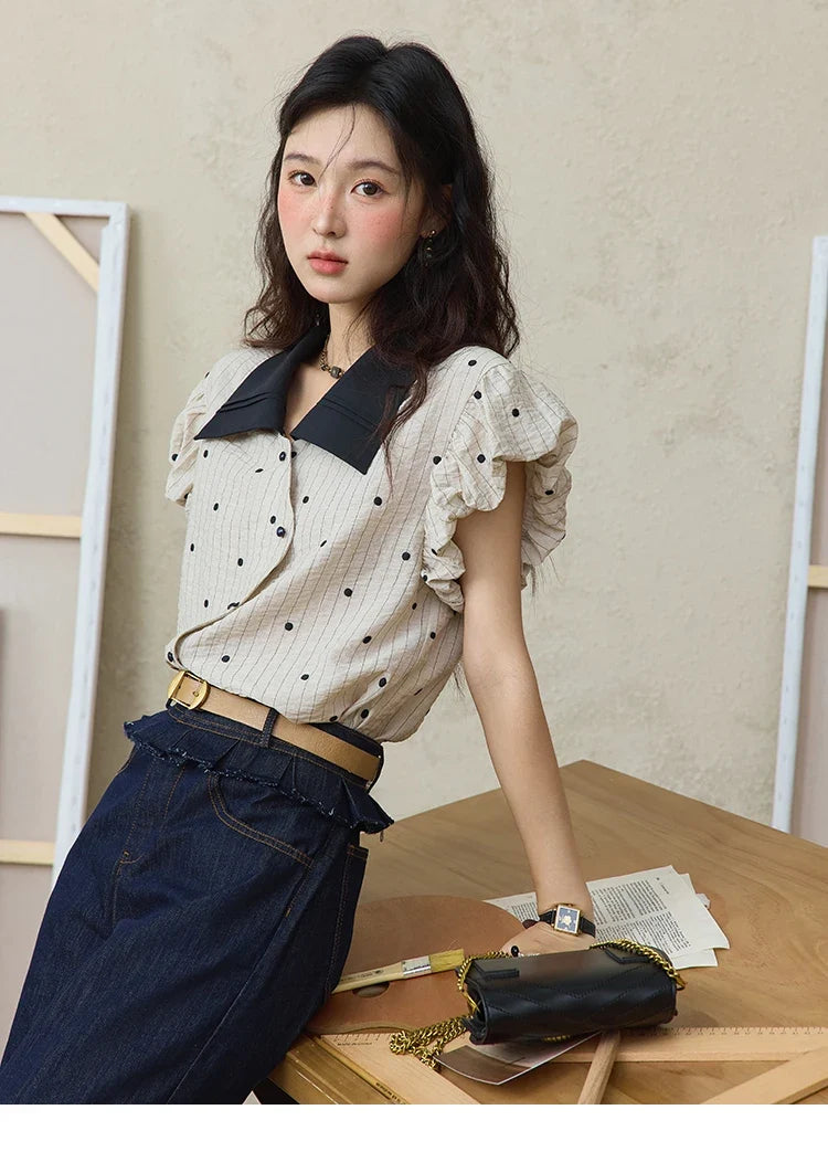 Summer Office Lady Blouses Women 2025 Short Sleeve Turn-down Collar Polka Dot Shirts Female Fashion Slim Tops MXE31C0776