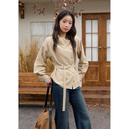 Women Casual Shirt 2025 Autumn Winter Fashion Belt Design Asymmetrical Retro Long Sleeves Shirt Women Clothes MXE88C2417