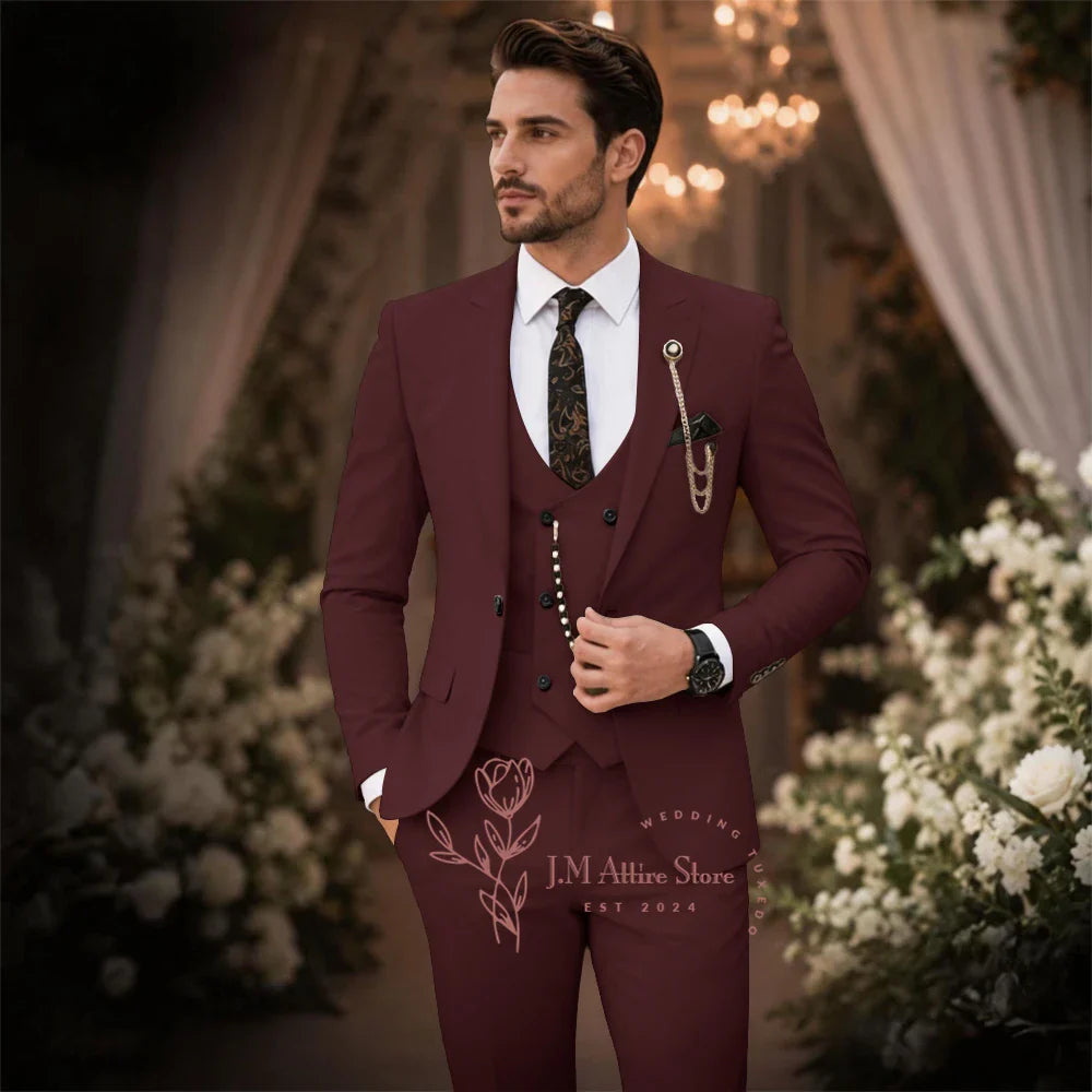 Sage Green Suit Men's 3 Piece Set Peak Lapel Jacket Vest Pants Custom Slim Fit for Wedding Groom Cocktail Party Tuxedo