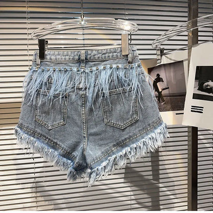 Summer Street Hot Girls Short Jeans Female Chic Feather Diamond Denim Shorts Women Retro Washed Hot Pants Sexy Night Club Shorts
