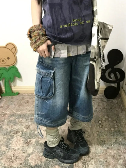 Summer Women American Retro Cargo Jorts Boyfriend Jean Shorts Y2K 2000s Denim Calf-Length Pants Japanese Harajuku High Street