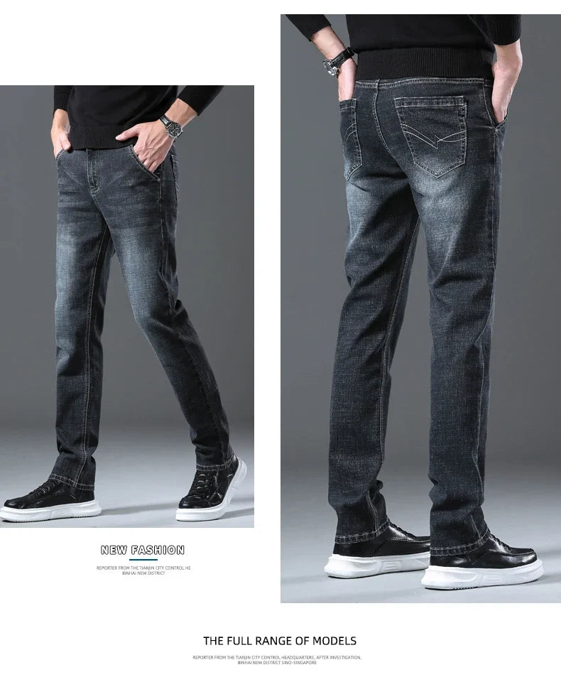 2024 New Men's Clothing Casual Jeans Winter New Fleece Pants Thick Warm Fashion Straight Fit Male Denim Trousers