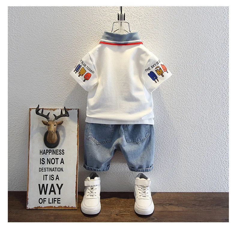 2-10 Years Kids Boys Clothes Set Summer Short Sleeve Cartoon Print Lapel T-shirt And Denim Shorts 2PCS Children Tracksuit Outfit