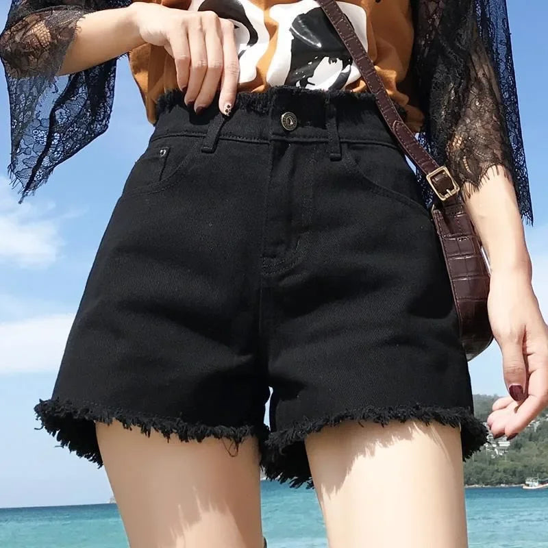 Spring Summer Women Short Jeans Women Wide Leg Denim Shorts Fashion Female High Waist Black Tassels Caual Denim Shorts Girls