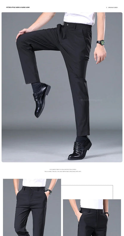 Summer Ultra-thin Casual Pants Men's High Elastic Quick-drying Ice Silk Straight Business Formal Casual Trousers Black Gray