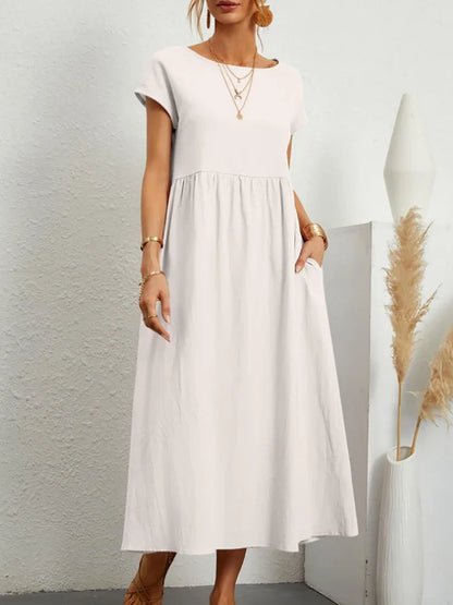 Women Elegant Solid Maxi Dress Summer Short Sleeve O Neck Vintage Harajuku Cotton Linen Loose Sundress Y2K Pockets Long Dress