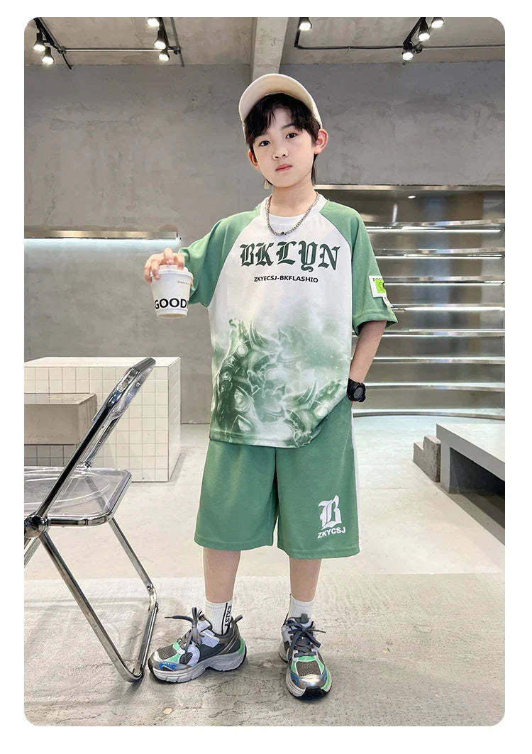 New Boys Clothing Sets Summer T-Shirt Short Sleeve+Shorts Kids Boy Sportsuit Children's Outfits Suit Teenager 5 6 8 10 12 14Yrs
