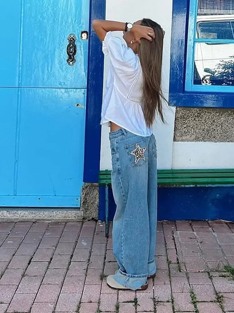 European and American Leopard Print Star Patch Jeans Street Women's High Waist Jeans Fashion Clothing Vintage Straight Trousers