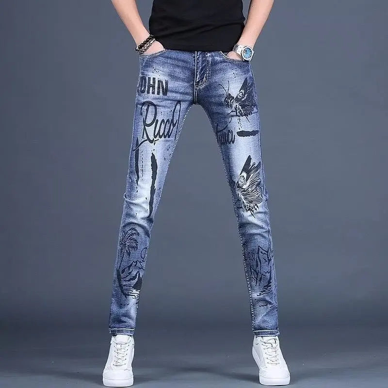 High-End Men's Slim Fit Jeans with Zipper Splicing Elastic Casual Long Trousers Trendy Retro Style Cotton Stretch Denim