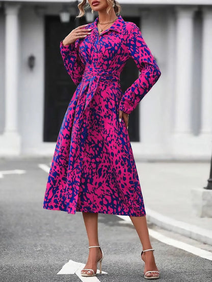 Elegant Random Print Button Down Shirt Dress Women's Long Sleeve Belted Waist Midi Dress Spring Fall Office Casual Dress