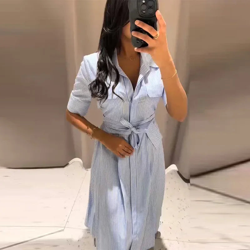 Elegant Women's Striped Long Dress Summer Lace Up Turn-Down Collar Single-breasted Blue A-line Dresses 2026 Lady Holiday Robes
