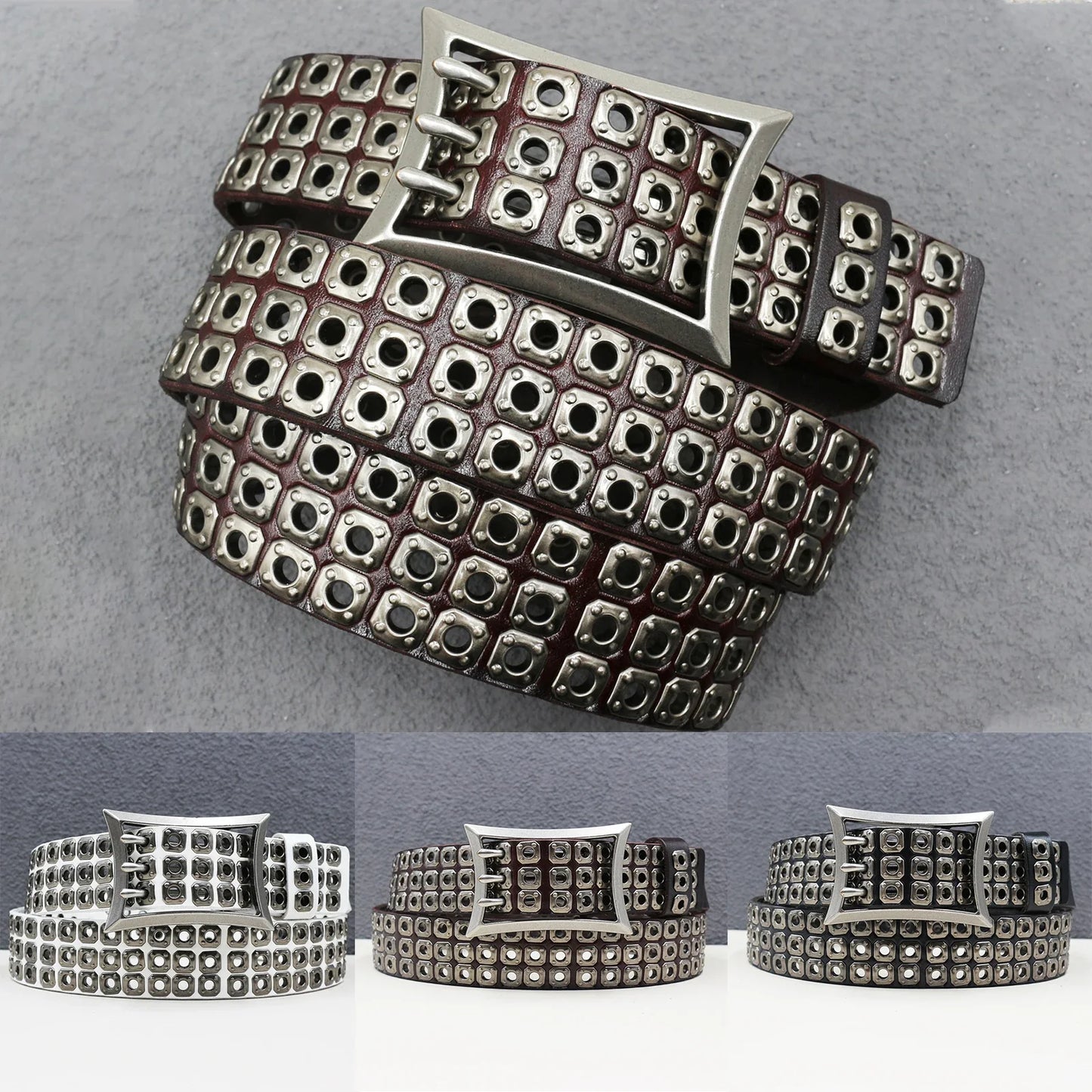 Rock Genuine Leather Luxury Punk Belt Jeans Heavy duty Hollow manual  Designer Brand Belt Men Rivet Three-pin buckle Belt Male