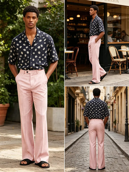 Men's High Waist Flared Pants Linen Blend Slim Fit Bell Bottoms Trousers Lightweight Breathable 70s 60s Disco Vintage Outfits