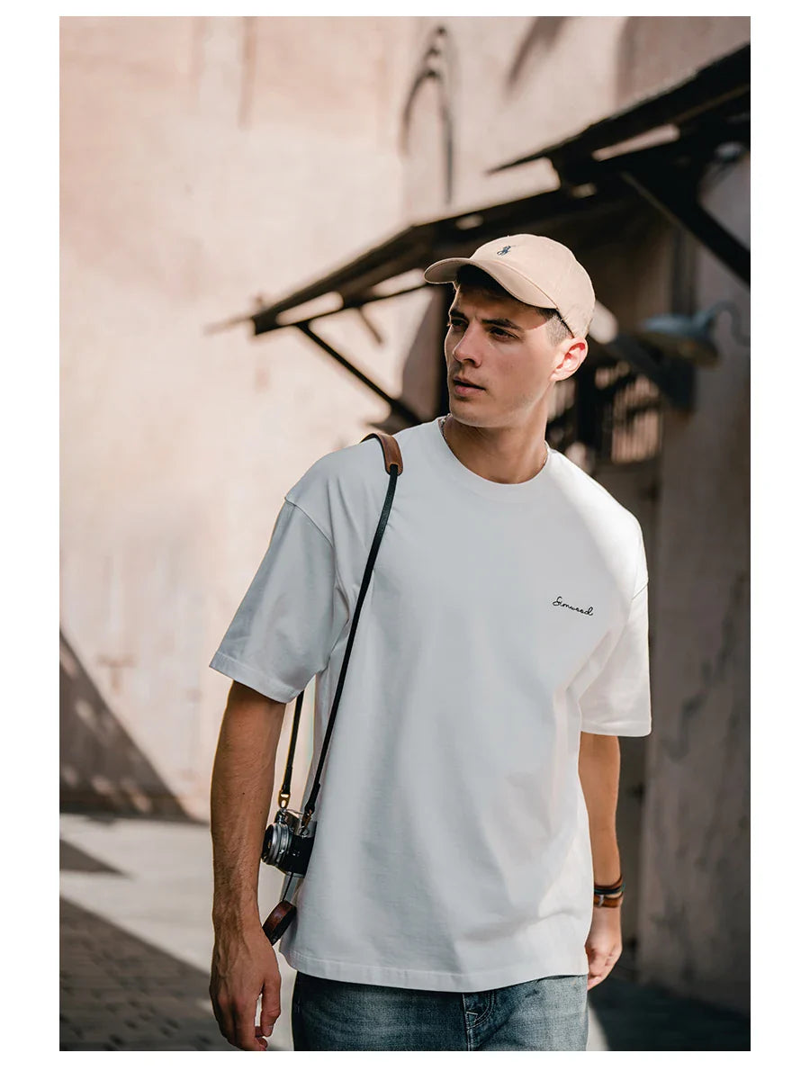 2026 Summer New Super Loose Heavyweight 320gsm 100% Cotton Washed Vintage T-shirts Men Plus Size Logo Embroidery Tops