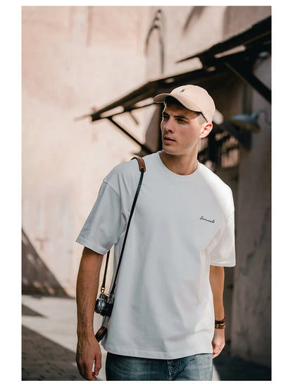 2026 Summer New Super Loose Heavyweight 320gsm 100% Cotton Washed Vintage T-shirts Men Plus Size Logo Embroidery Tops