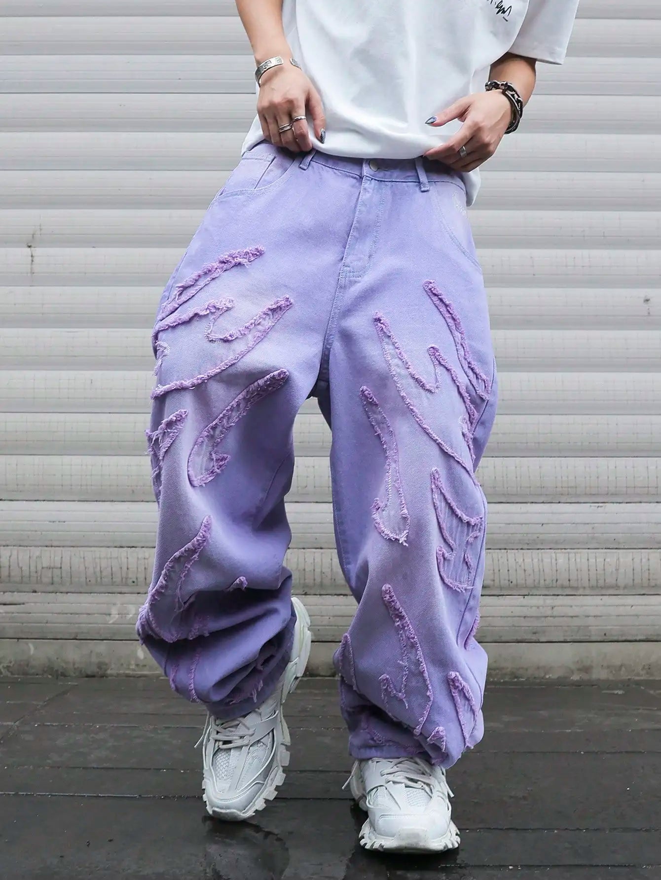 High-Street Style Purple Distressed Frayed Jeans for Men, Loose, Trendy Street Hip-Hop Wide-Leg Pants