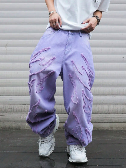 High-Street Style Purple Distressed Frayed Jeans for Men, Loose, Trendy Street Hip-Hop Wide-Leg Pants