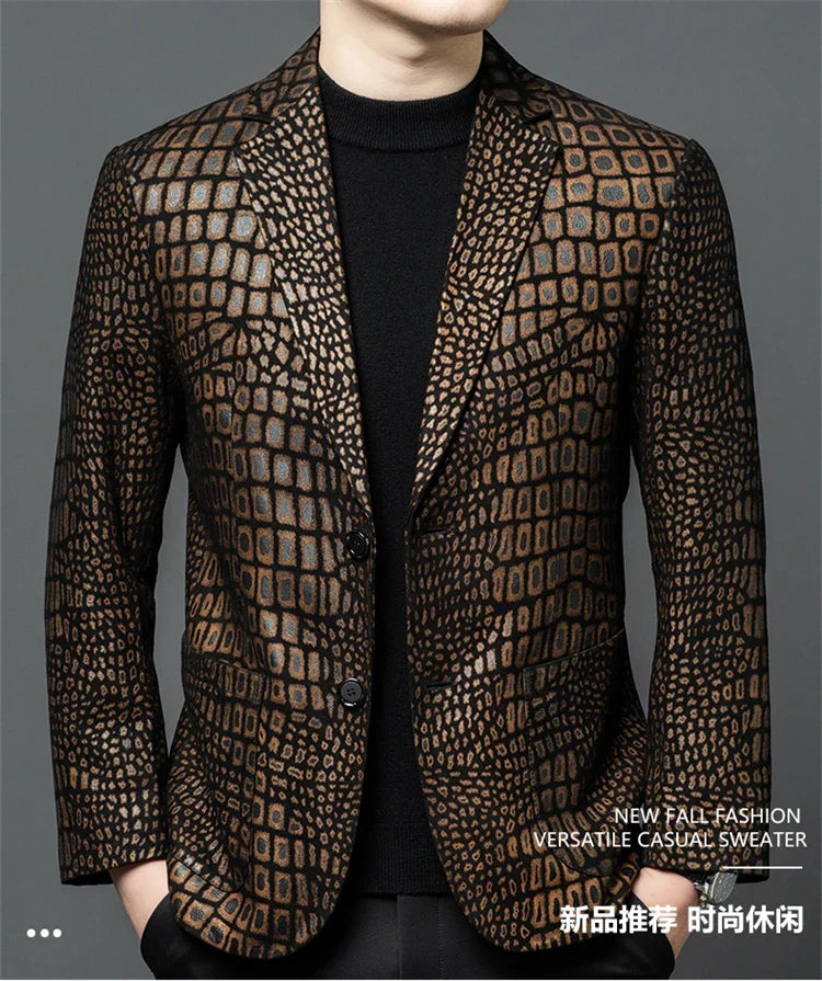 Luxurious Sheepskin Blazers For Men Smooth Casual Leather Jacket Winter Top Quality Leopard Print Slim Gentleman Terno Masculino