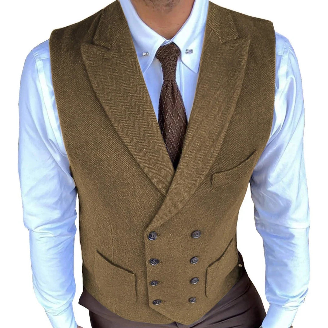 Men Vest Gray Herringbone Solid With Lapel Double Button Waistcoats For Wedding Banquet Business Office Work Men Suit Vest
