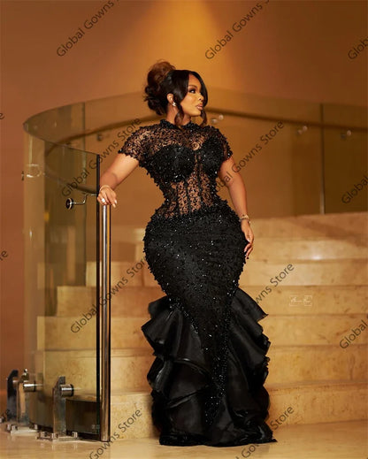 Sparkly Black Ruffles Aso Ebi Evening Dresses Bead Crystal 2024 Birthday Luxury Dress O Neck Mermaid Party Gown Customized