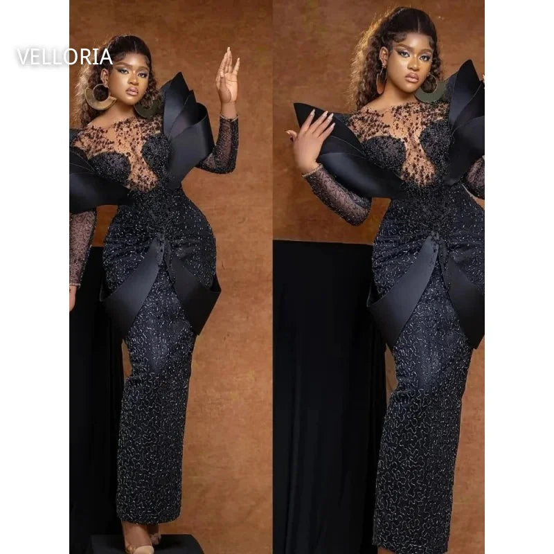 Black Aso Ebi Plus Size Evening Gown Long Sleeve Beaded Lace Birthday Dress Illusion Bodice Formal Dress for Women Customized
