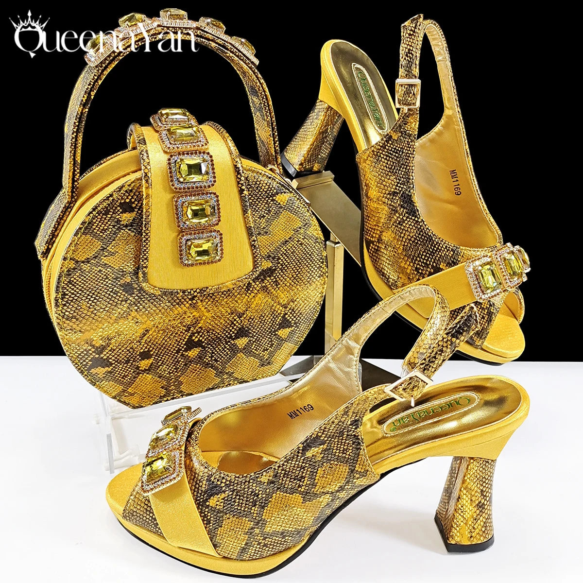 New Luxurious Italian Women's Party Shoes&Bag Set Elegant Golden Rhinestone  Sandals with Peep Toe High Heels Wedding
