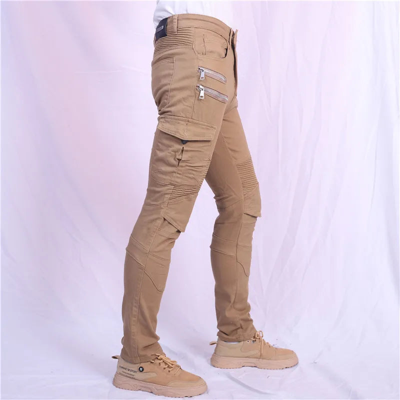 Double zipper Decoration Metal Style Motorcycle Leisure Motorcycle Men's Outdoor Riding Jeans Slim Pants With Protect Gears