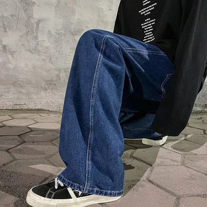 New Streetwear Loose Jeans Men Korean Style Fashion Loose Straight Wide Leg Pants Men's Brand Clothing Black Light Blue