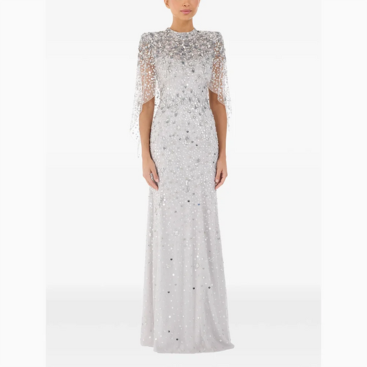 Customized  O-neck Half Slevees Evening Dresses Elegant Formal Occasion Prom Gowns Beading Straight Floor Length Prom Dress
