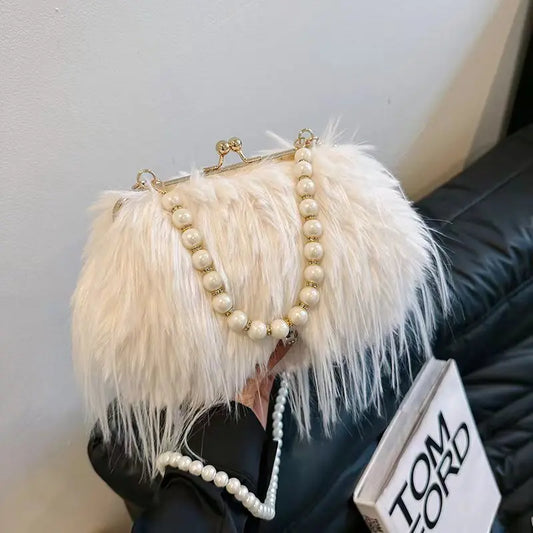 Luxury Faux Fur Evening Bag Pearl Chain Trendy Long Tassel Plush Shoulder Bag Large Capacity Tote Wedding Handbag XA48ZZ