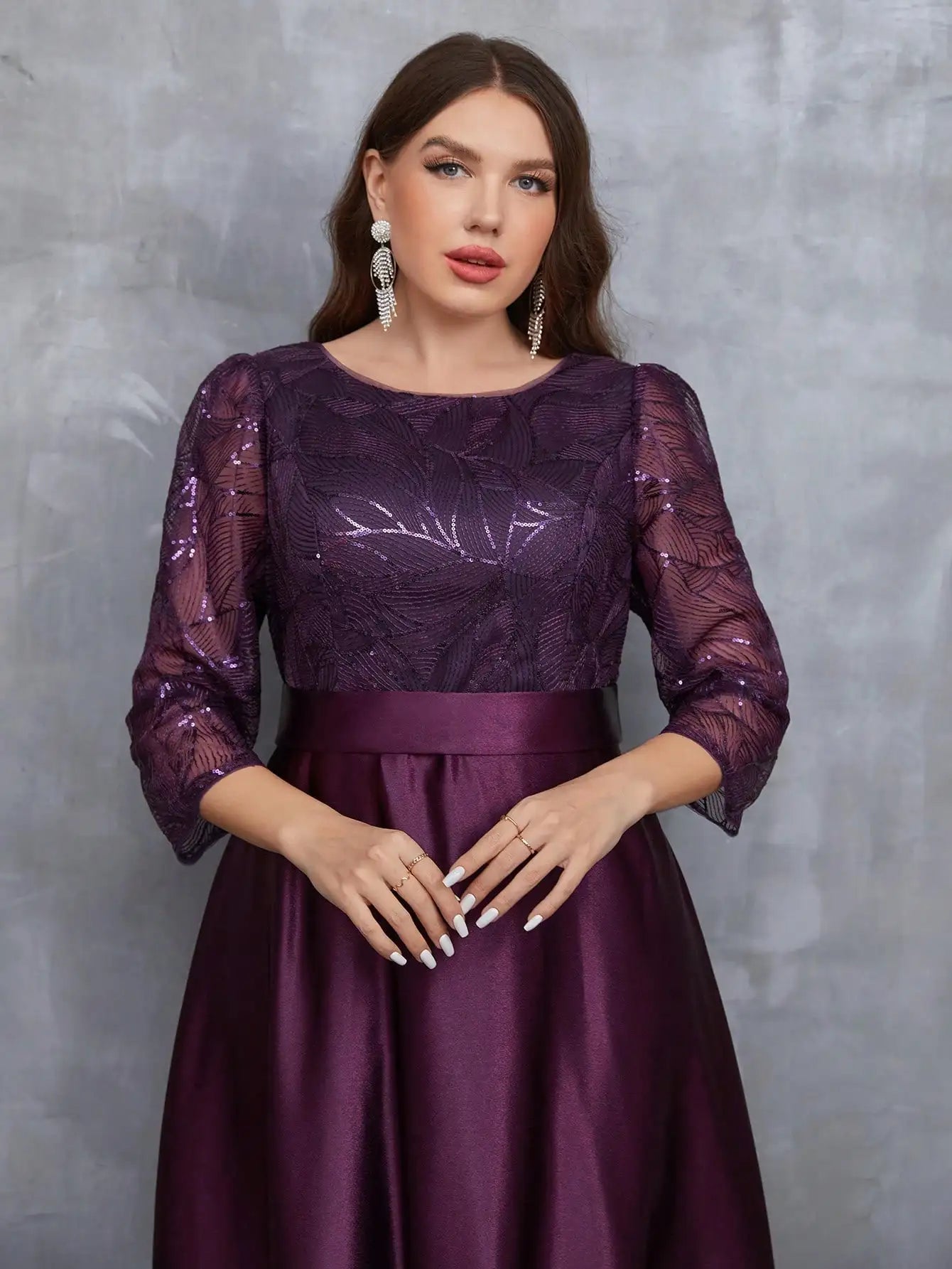 Crew neck long sleeve sequin patchwork satin long gown ball dress Party dress Bridesmaid dress